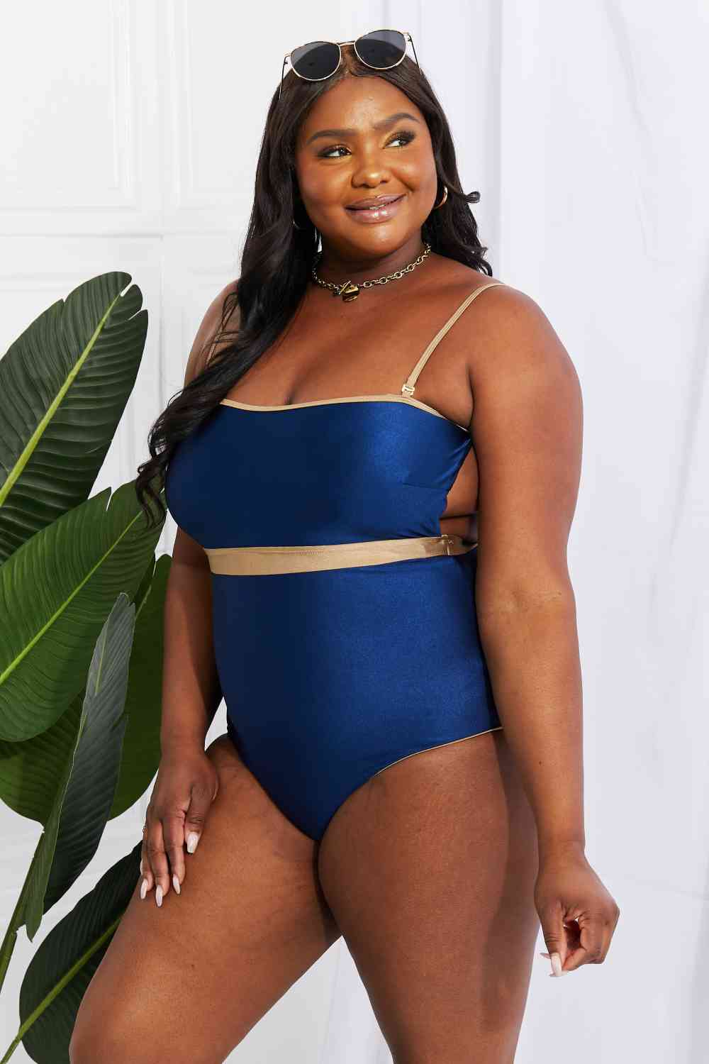 Marina West Swim Wave Break Contrast Trim One-Piece Navy by Trendsi | Fleurcouture