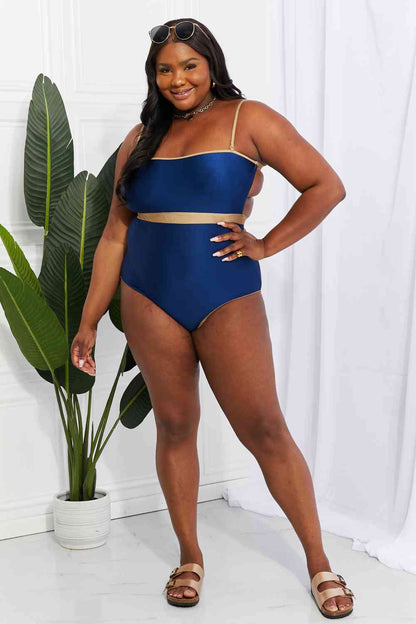 Marina West Swim Wave Break Contrast Trim One-Piece Navy by Trendsi | Fleurcouture