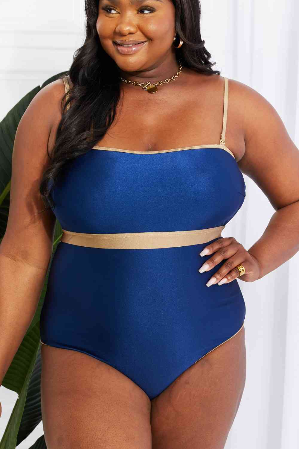 Marina West Swim Wave Break Contrast Trim One-Piece Navy by Trendsi | Fleurcouture