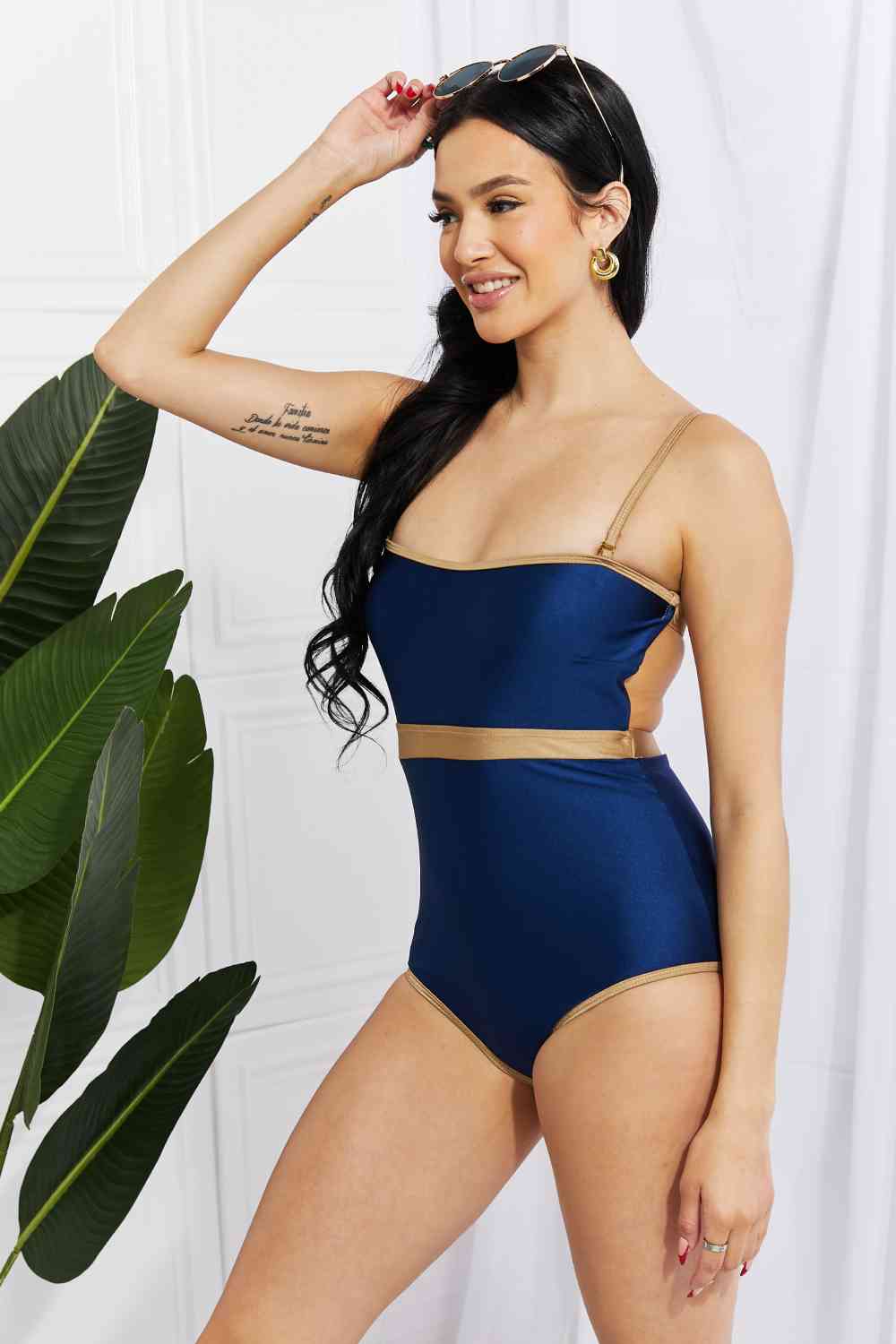 Marina West Swim Wave Break Contrast Trim One-Piece Navy by Trendsi | Fleurcouture