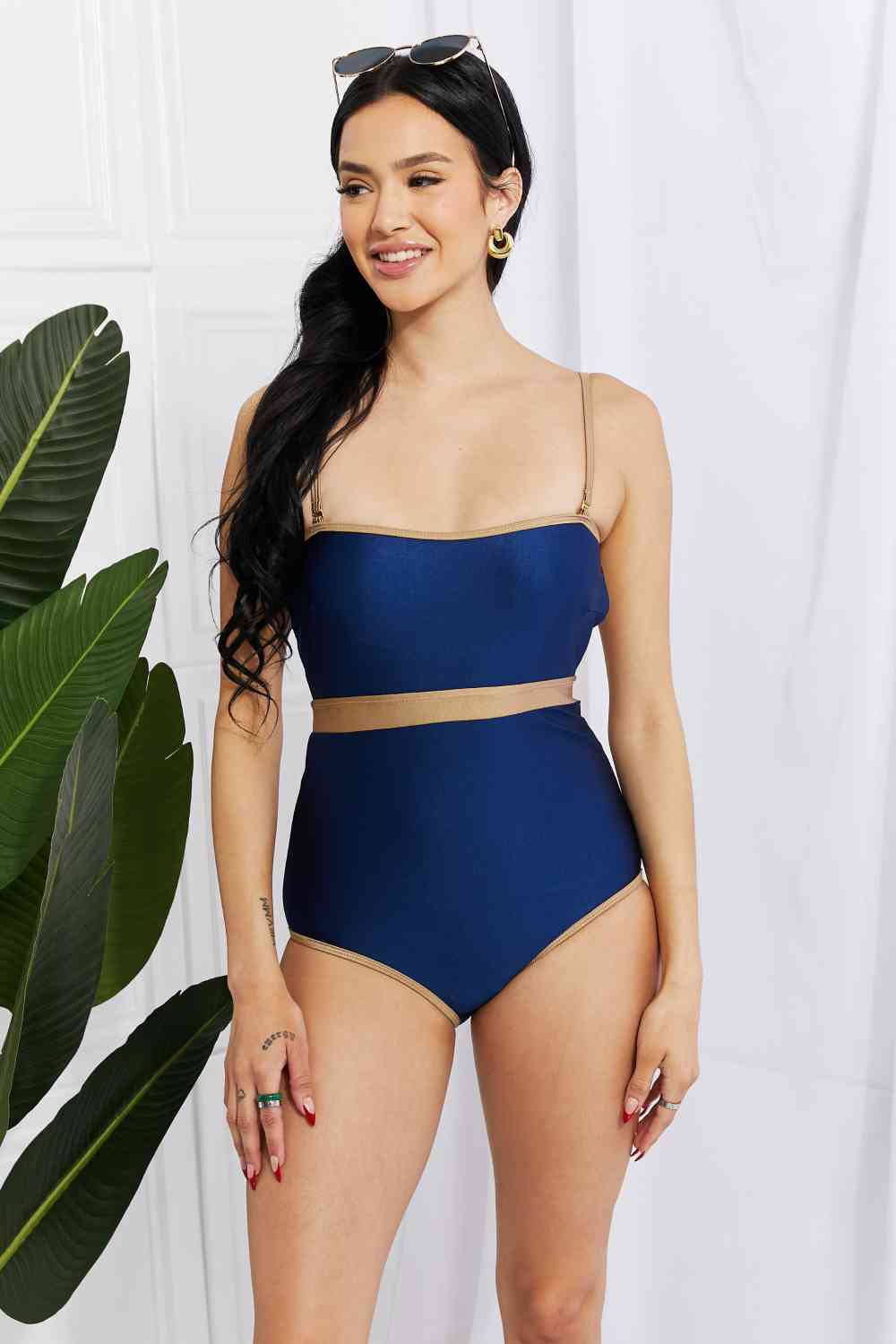 Marina West Swim Wave Break Contrast Trim One-Piece Navy by Trendsi | Fleurcouture