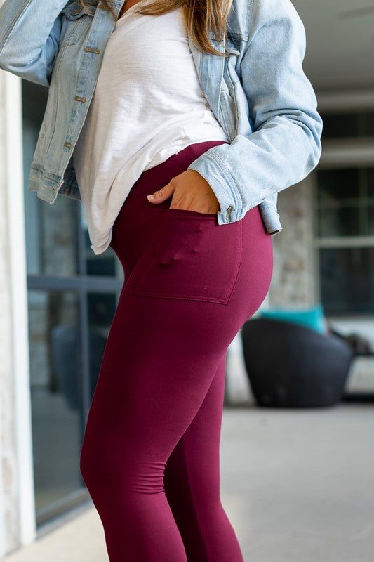 Maroon Full Length Leggings with Pockets Maroon by Julia Rose | Fleurcouture