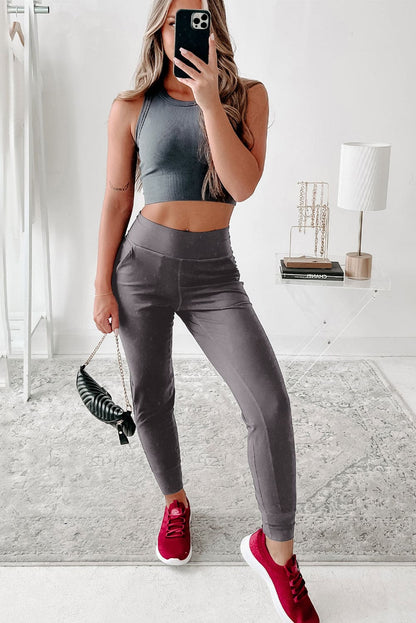 Medium Grey Exposed Seam High Waist Pocketed Joggers 100%Polyester Bottoms by Fleurcouture | Fleurcouture