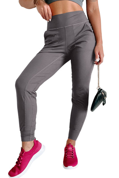 Medium Grey Exposed Seam High Waist Pocketed Joggers 100%Polyester Bottoms by Fleurcouture | Fleurcouture