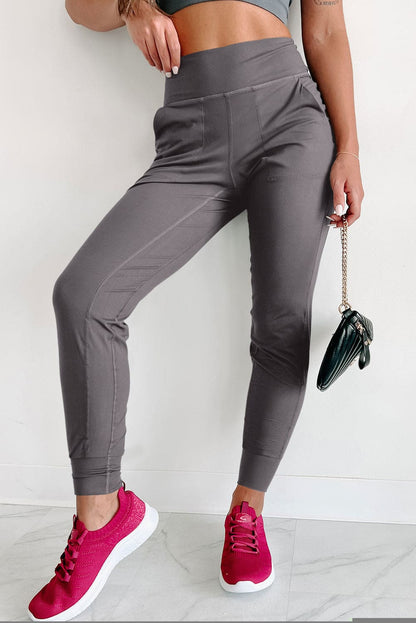 Medium Grey Exposed Seam High Waist Pocketed Joggers Medium Grey L 100%Polyester Bottoms by Fleurcouture | Fleurcouture