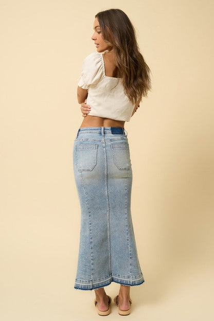 MERMAID MAXI DENIM SKIRT LIGHT DENIM by Denim Lab USA | Fleurcouture