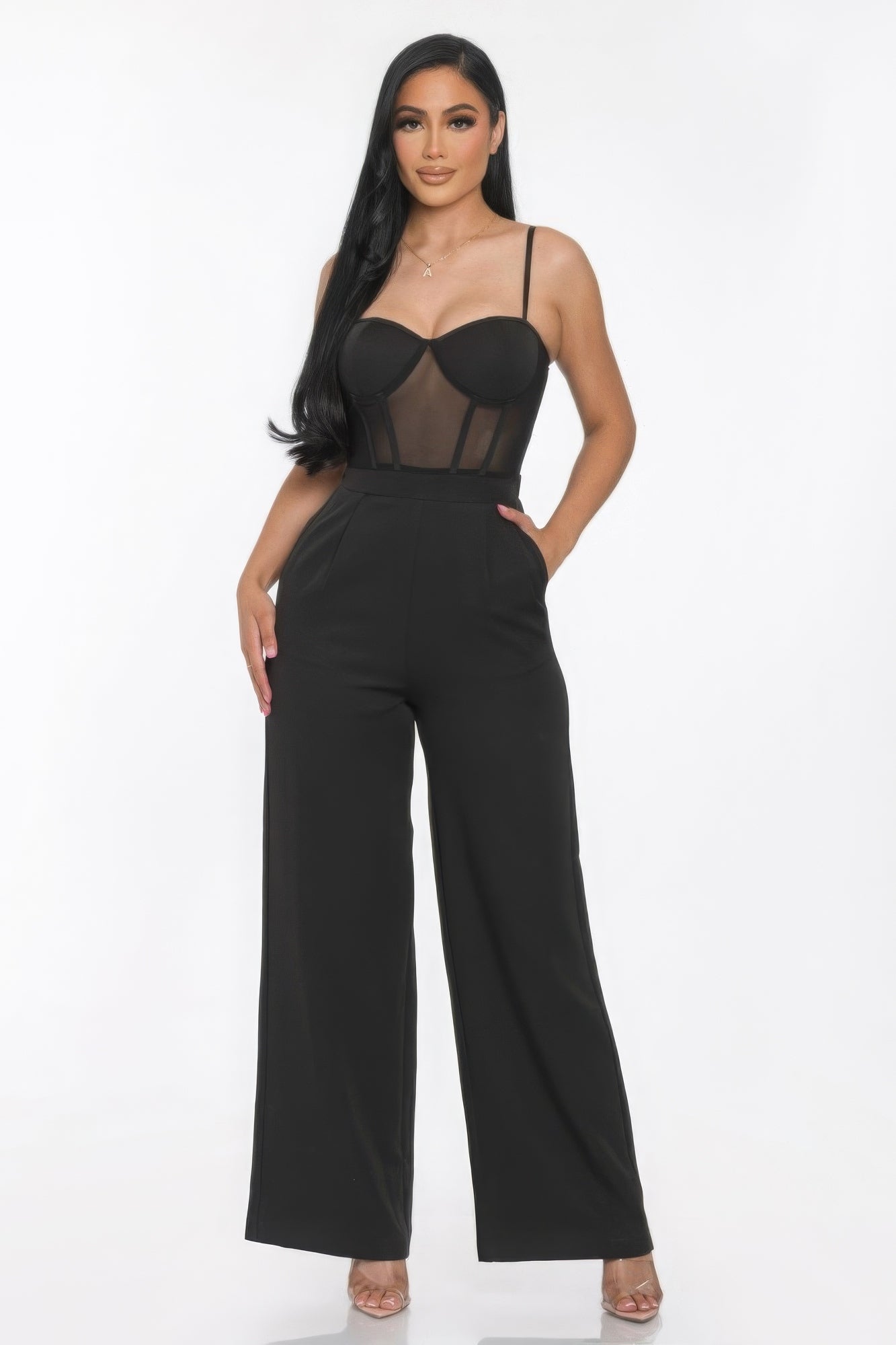Mesh Insert Cup Wide Leg Jumpsuit Jumpsuits by Fleurcouture | Fleurcouture