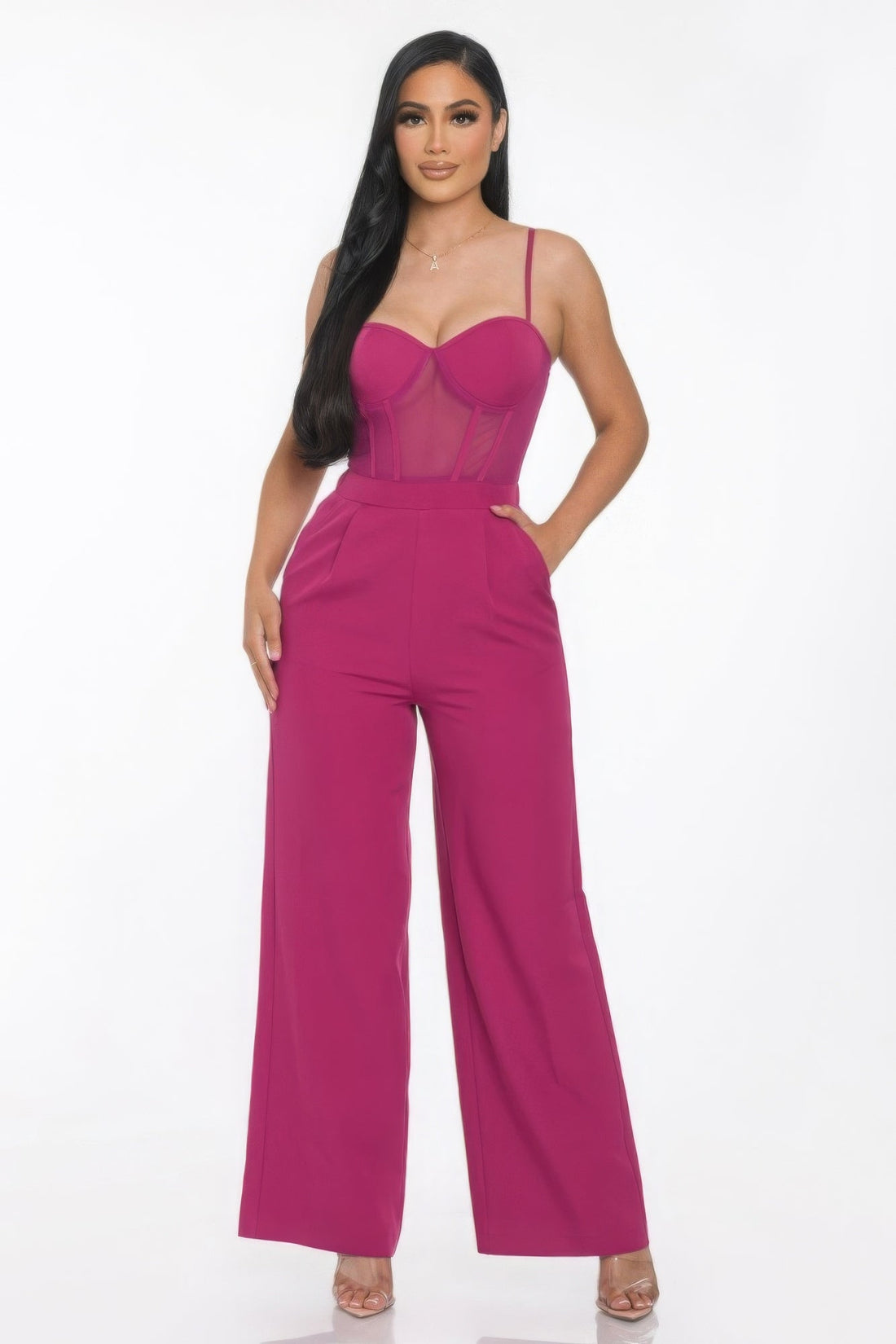 Mesh Insert Cup Wide Leg Jumpsuit Jumpsuits by Fleurcouture | Fleurcouture