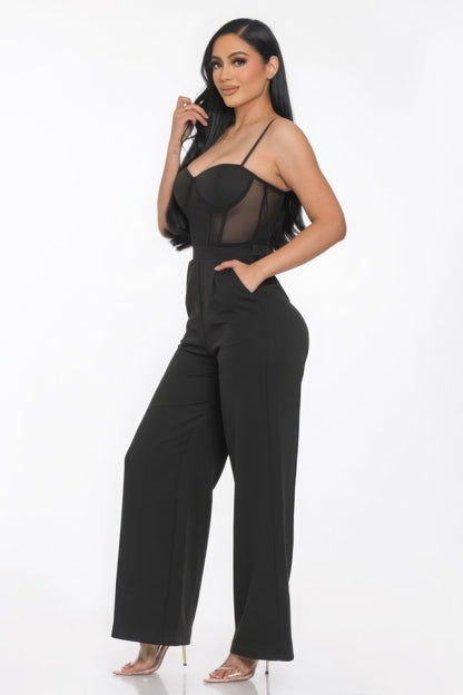 Mesh Insert Cup Wide Leg Jumpsuit Jumpsuits by Fleurcouture | Fleurcouture
