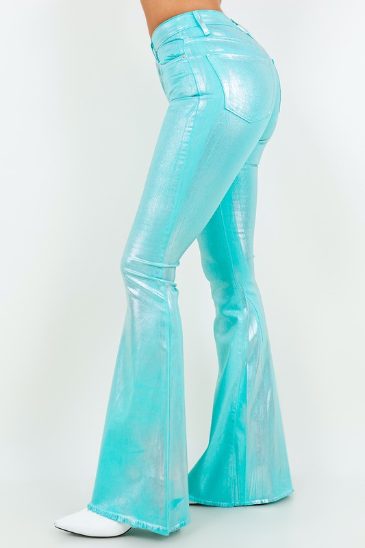 Metallic Bell Bottom Jean in Turquoise - Inseam 32 Turquoise 3 by GJG Denim | Fleurcouture