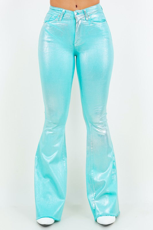 Metallic Bell Bottom Jean in Turquoise - Inseam 32 Turquoise by GJG Denim | Fleurcouture