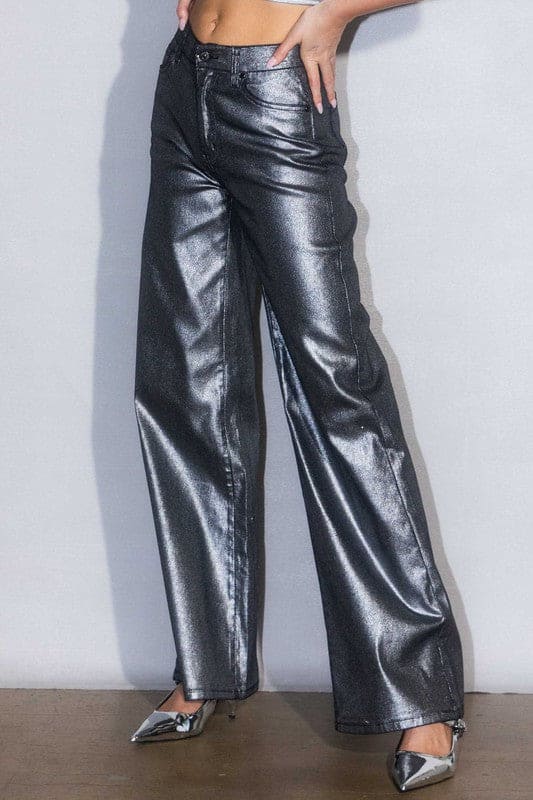 Metallic High Rise Wide Jeans Silver by Vibrant M.i.U | Fleurcouture