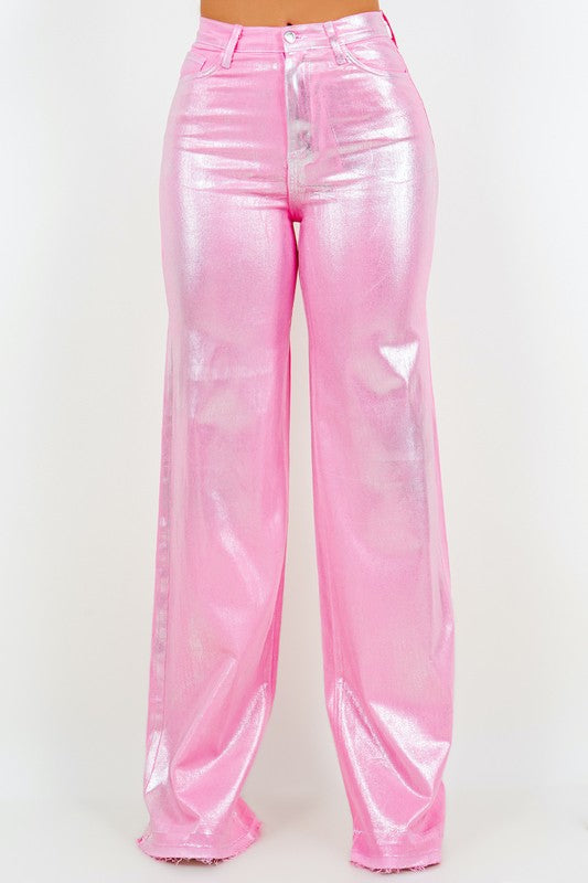 Metallic Wide Leg jean in Pink - Inseam 32 Pink 1 by GJG Denim | Fleurcouture