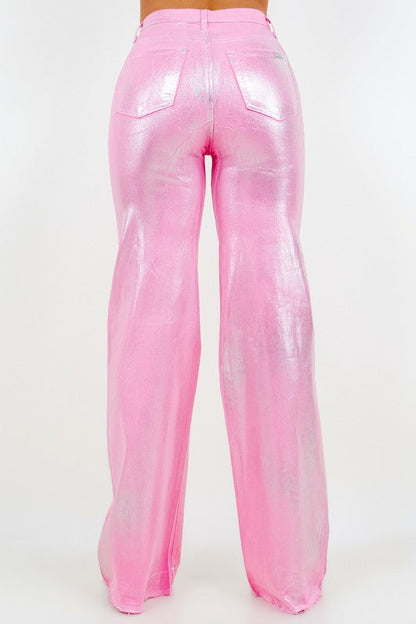 Metallic Wide Leg jean in Pink - Inseam 32 Pink by GJG Denim | Fleurcouture