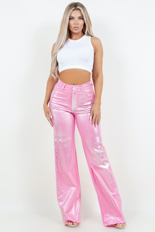 Metallic Wide Leg Jean in Pink Pink by GJG Denim | Fleurcouture