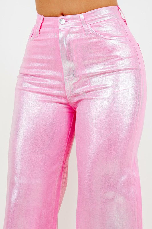 Metallic Wide Leg Jean in Pink Pink by GJG Denim | Fleurcouture