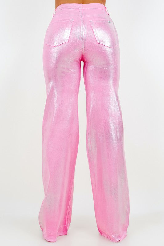 Metallic Wide Leg Jean in Pink Pink by GJG Denim | Fleurcouture