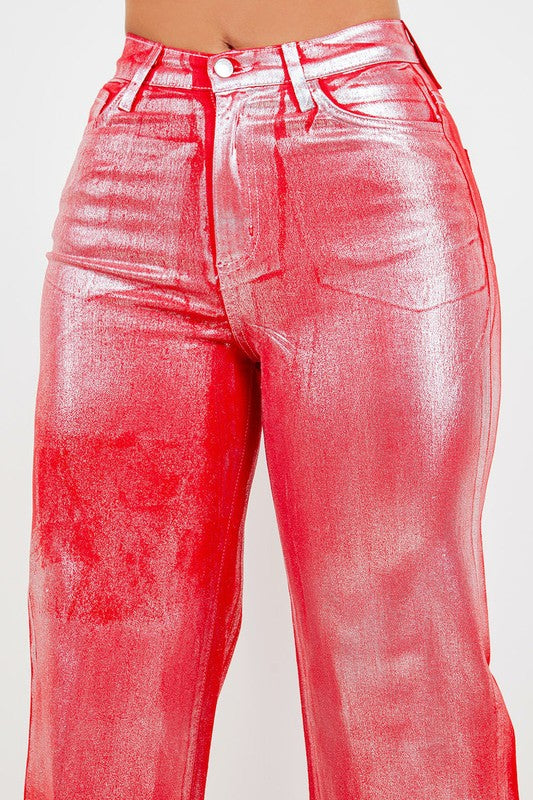 Metallic Wide Leg Jean in Red Red by GJG Denim | Fleurcouture