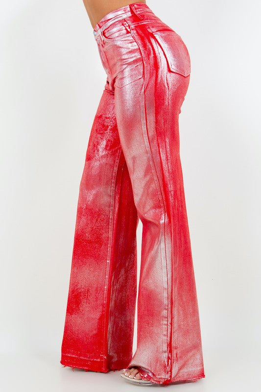 Metallic Wide Leg Jean in Red Red by GJG Denim | Fleurcouture