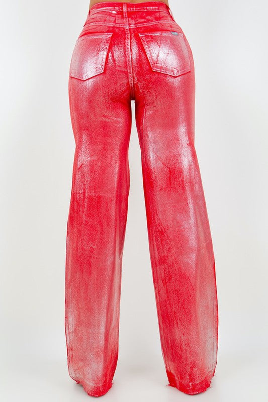 Metallic Wide Leg Jean in Red Red by GJG Denim | Fleurcouture