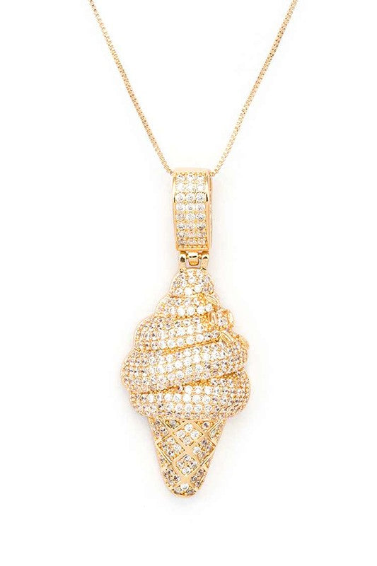 Micro Setting CZ Ice Cream Cone Pendant Necklace Gold O/S by LA Jewelry Plaza | Fleurcouture