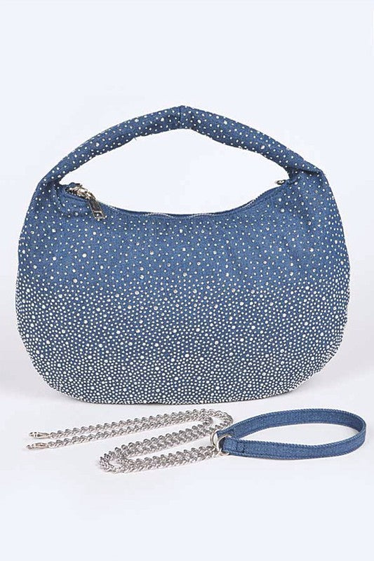 Micro Studs Convertible Denim Hobo Bag Dark Blue O/S by Artini Accessories | Fleurcouture