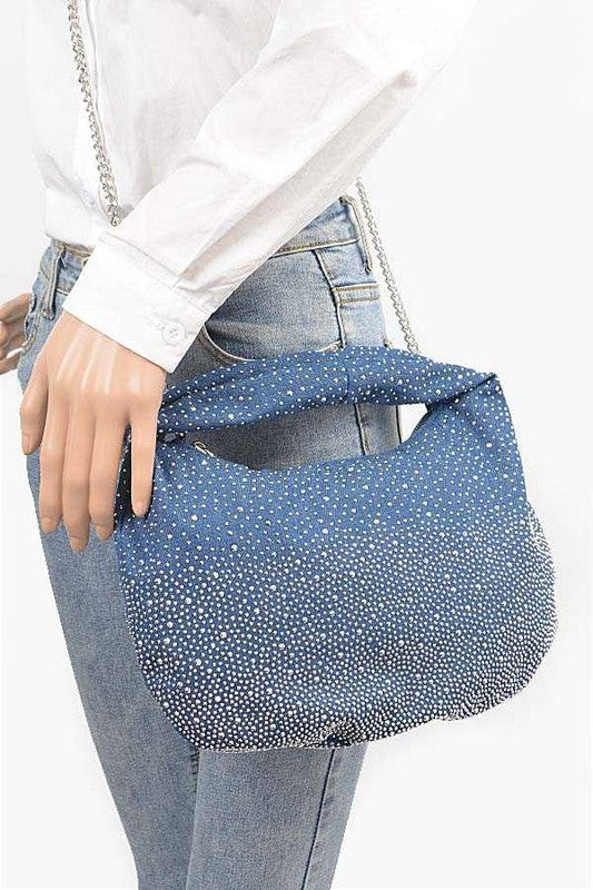 Micro Studs Convertible Denim Hobo Bag O/S by LA Jewelry Plaza | Fleurcouture