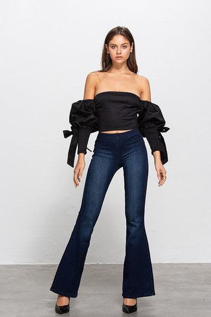 MID-RISE BANDED WIDER FLARE JEANS DARK by Denim Lab USA | Fleurcouture