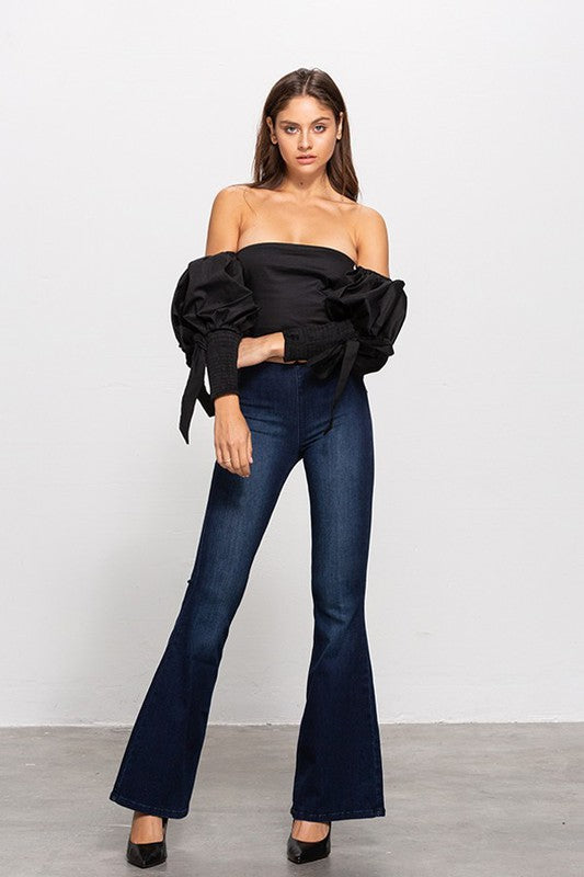 MID-RISE BANDED WIDER FLARE JEANS DARK by Denim Lab USA | Fleurcouture