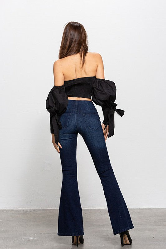 MID-RISE BANDED WIDER FLARE JEANS DARK by Denim Lab USA | Fleurcouture