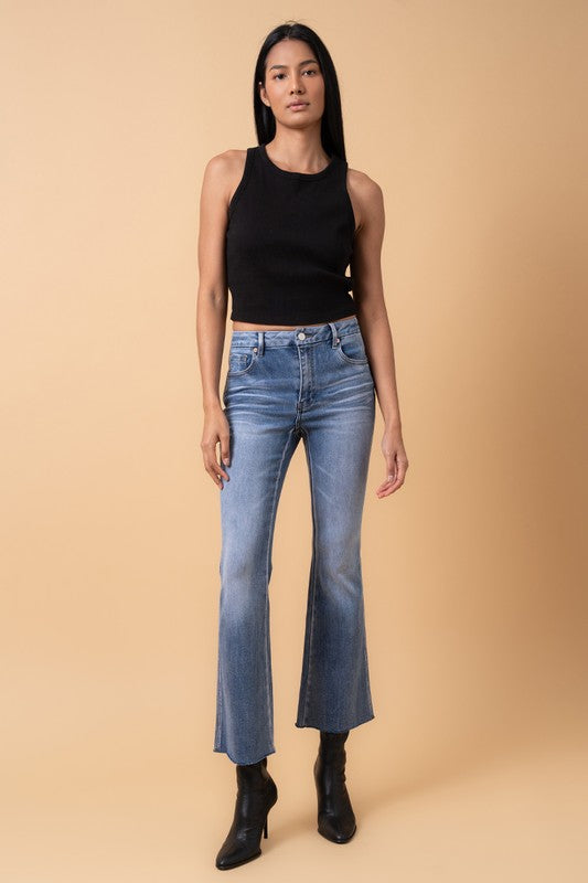 MID RISE CROP FLARE DARK DENIM by Denim Lab USA | Fleurcouture