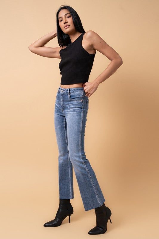 MID RISE CROP FLARE DARK DENIM by Denim Lab USA | Fleurcouture