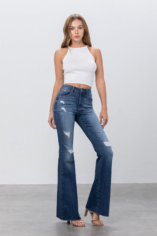 MID RISE DARK WASH FLARE JEANS DARK by Insane Gene | Fleurcouture