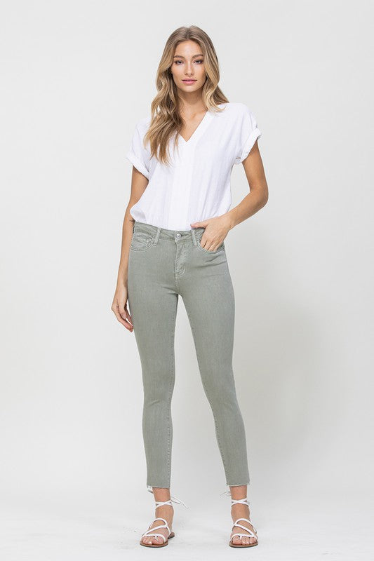 Mid Rise Denim Olive Skinny Fray Hem OLIVE by VERVET by Flying Monkey | Fleurcouture