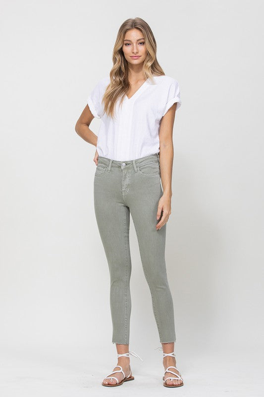 Mid Rise Denim Olive Skinny Fray Hem OLIVE by VERVET by Flying Monkey | Fleurcouture