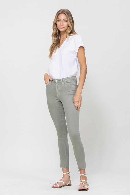 Mid Rise Denim Olive Skinny Fray Hem OLIVE by VERVET by Flying Monkey | Fleurcouture