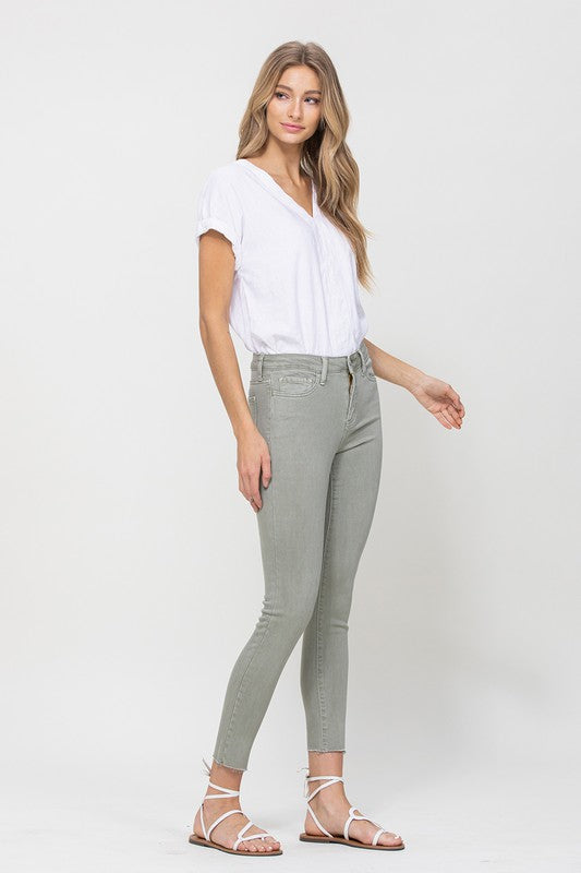 Mid Rise Denim Olive Skinny Fray Hem OLIVE by VERVET by Flying Monkey | Fleurcouture