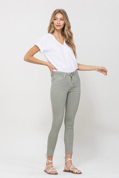 Mid Rise Denim Olive Skinny Fray Hem OLIVE by VERVET by Flying Monkey | Fleurcouture