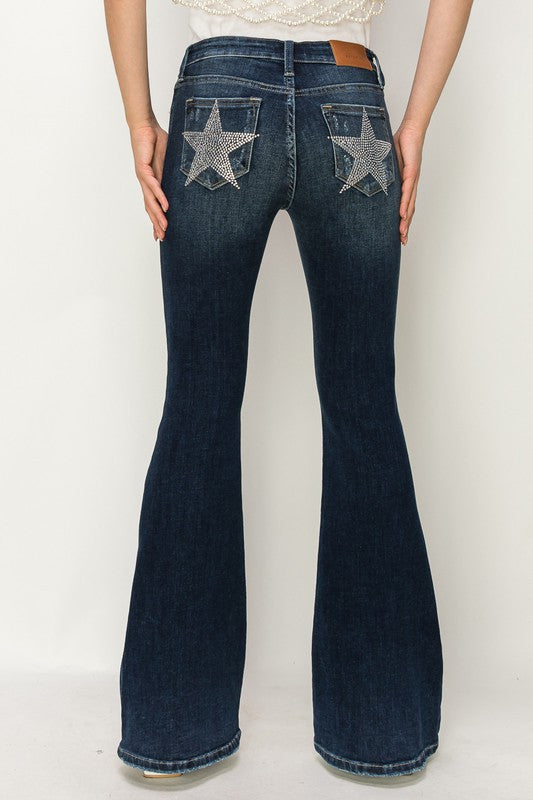 MID RISE FLARE STAR RHINESTONE ON POCKETS JEANS DARK STONE WASH 5 by Artemis Vintage | Fleurcouture