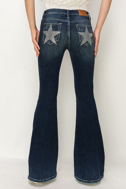 MID RISE FLARE STAR RHINESTONE ON POCKETS JEANS DARK STONE WASH 5 by Artemis Vintage | Fleurcouture