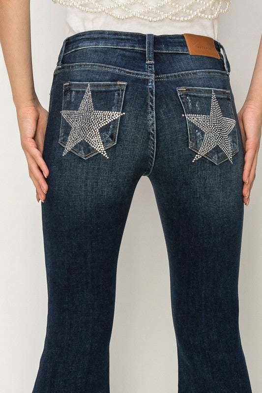 MID RISE FLARE STAR RHINESTONE ON POCKETS JEANS DARK STONE WASH by Artemis Vintage | Fleurcouture