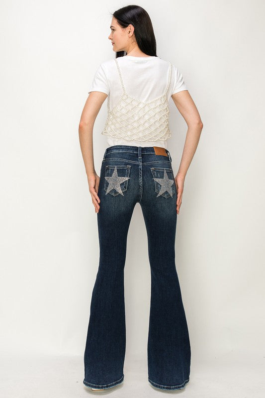 MID RISE FLARE STAR RHINESTONE ON POCKETS JEANS DARK STONE WASH by Artemis Vintage | Fleurcouture