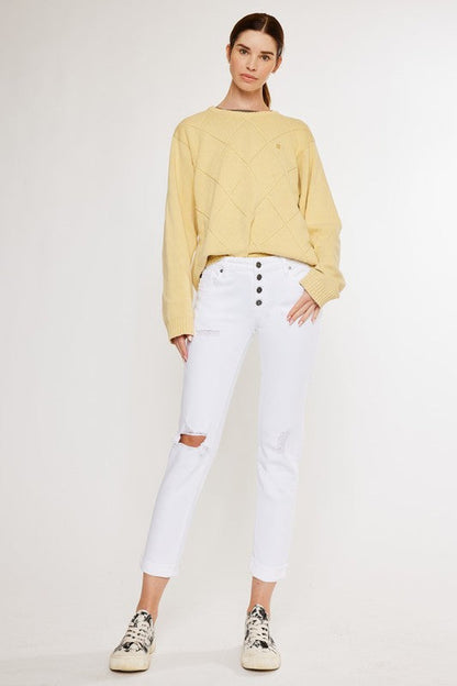 Mid Rise Girlfriend Fit Jeans White by Kan Can USA | Fleurcouture