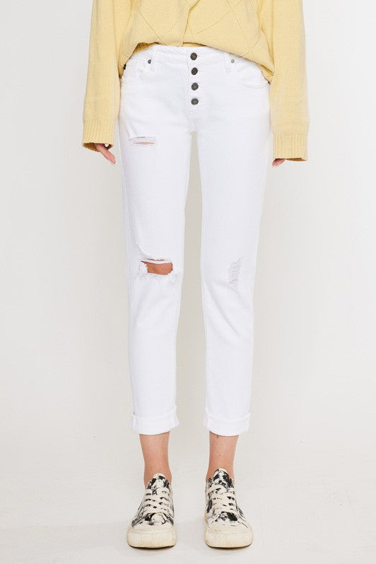 Mid Rise Girlfriend Fit Jeans White by Kan Can USA | Fleurcouture