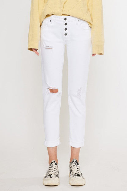 Mid Rise Girlfriend Fit Jeans White by Kan Can USA | Fleurcouture