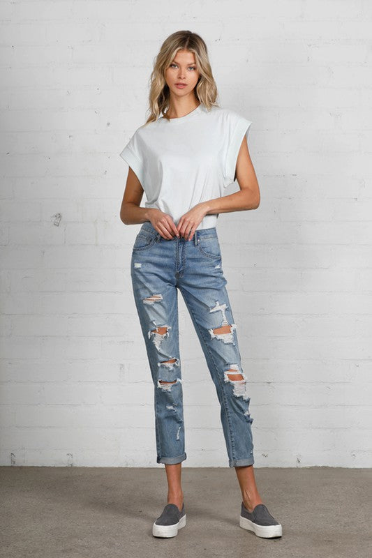 Mid Rise Heavy Destroyed Jeans MEDIUM 1 by Insane Gene | Fleurcouture