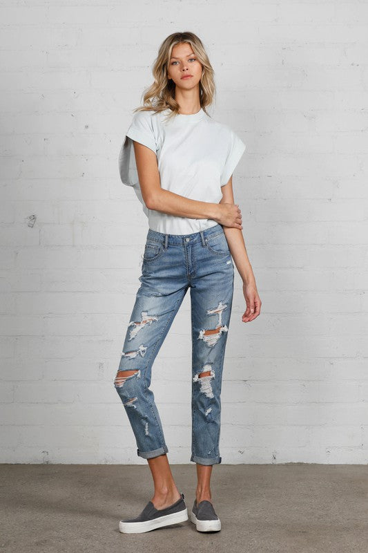 Mid Rise Heavy Destroyed Jeans MEDIUM by Insane Gene | Fleurcouture