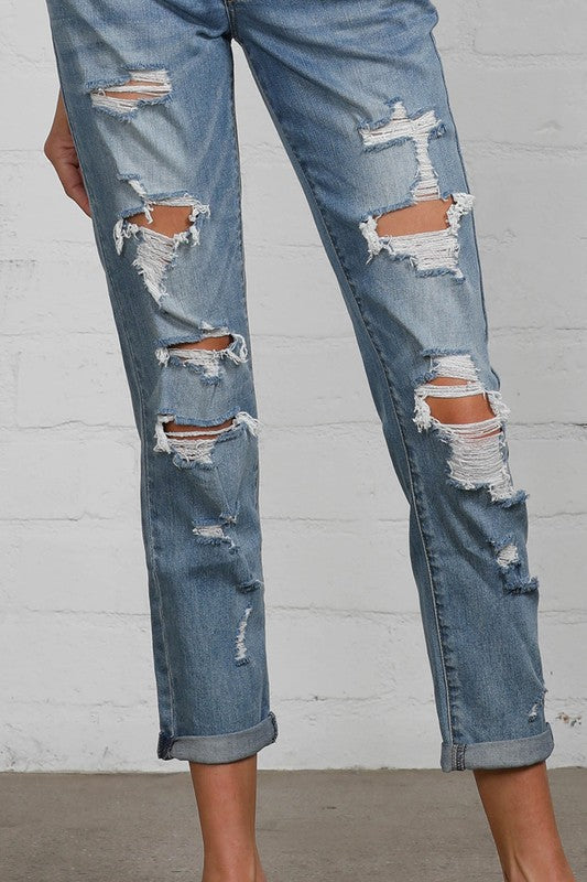 Mid Rise Heavy Destroyed Jeans MEDIUM by Insane Gene | Fleurcouture