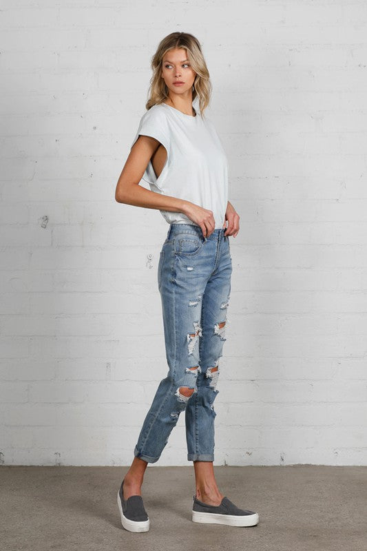 Mid Rise Heavy Destroyed Jeans MEDIUM by Insane Gene | Fleurcouture