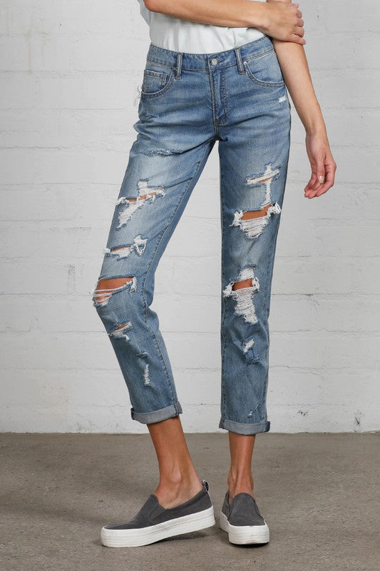 Mid Rise Heavy Destroyed Jeans MEDIUM by Insane Gene | Fleurcouture